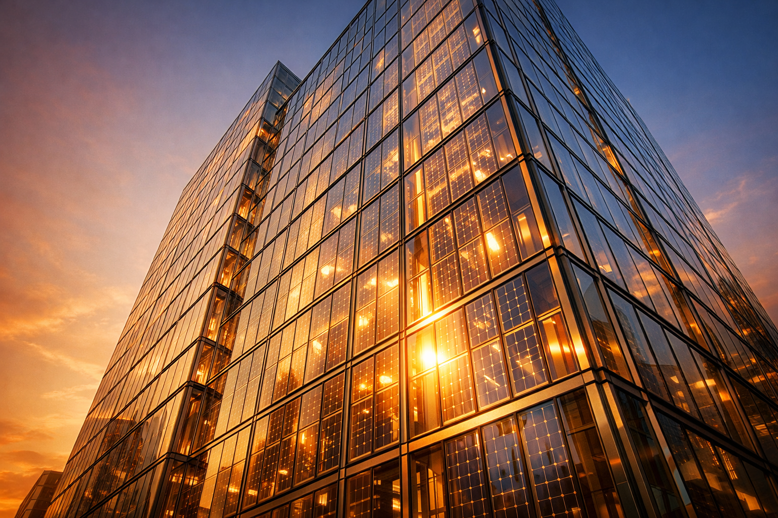 Modern glass building with transparent solar panels